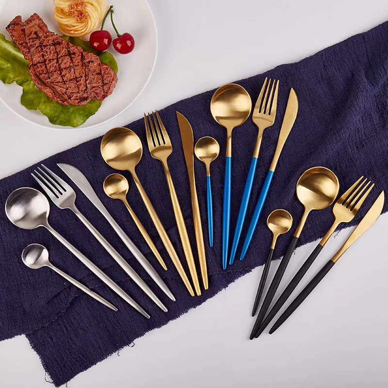 

304 stainless steel black golden beef steak knife fork spoon silverware set dinnerware set cutlery dropshipping plates sets