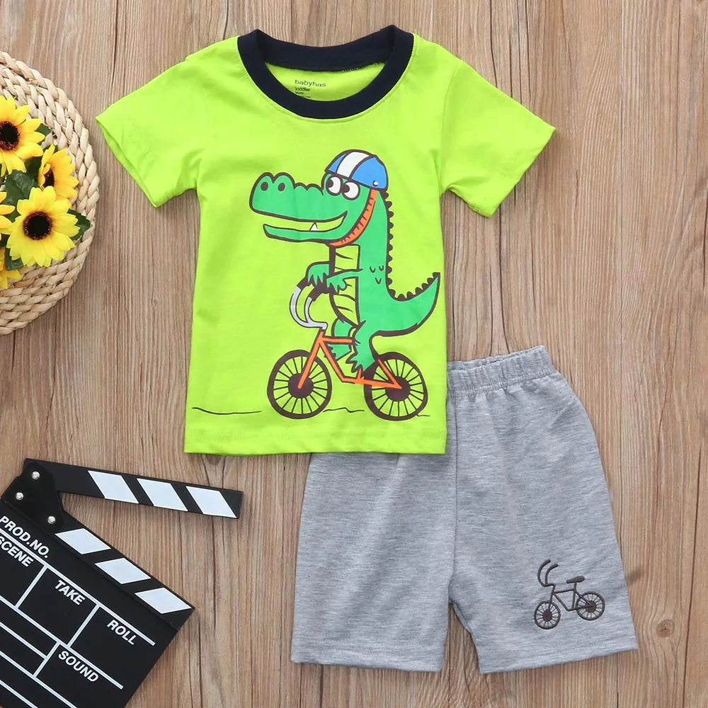 

2PCs Kid Baby Boy Outfit Short Sleeve Print Crocodile Tops+Bike Print Shorts Set toddler summer clothes jongens kleding