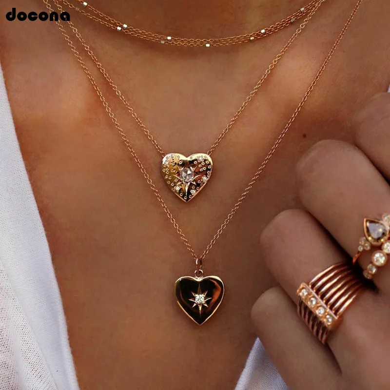 

docona Bohemian Gold Color Heart Multilayer Pendant Necklace for Women Crystal Star Chains Necklaces Party Jewelry B07304