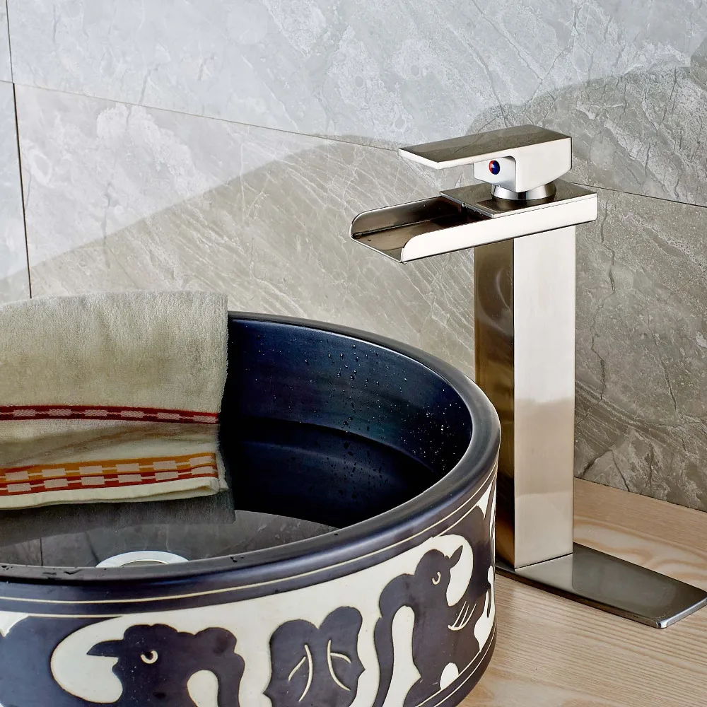

Uythner Deck Mounted Fashion Nickle Brushed Bathroom Sink Basin Faucet Waterfall Single Handle Single Hole Mixer Tap