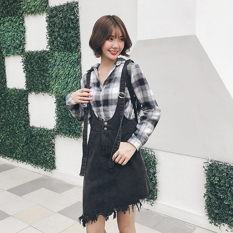 

XL - 5XL women autumn plus-size irregular hem loose black Suspender skirt lady summer asymmetric denim skirt k340