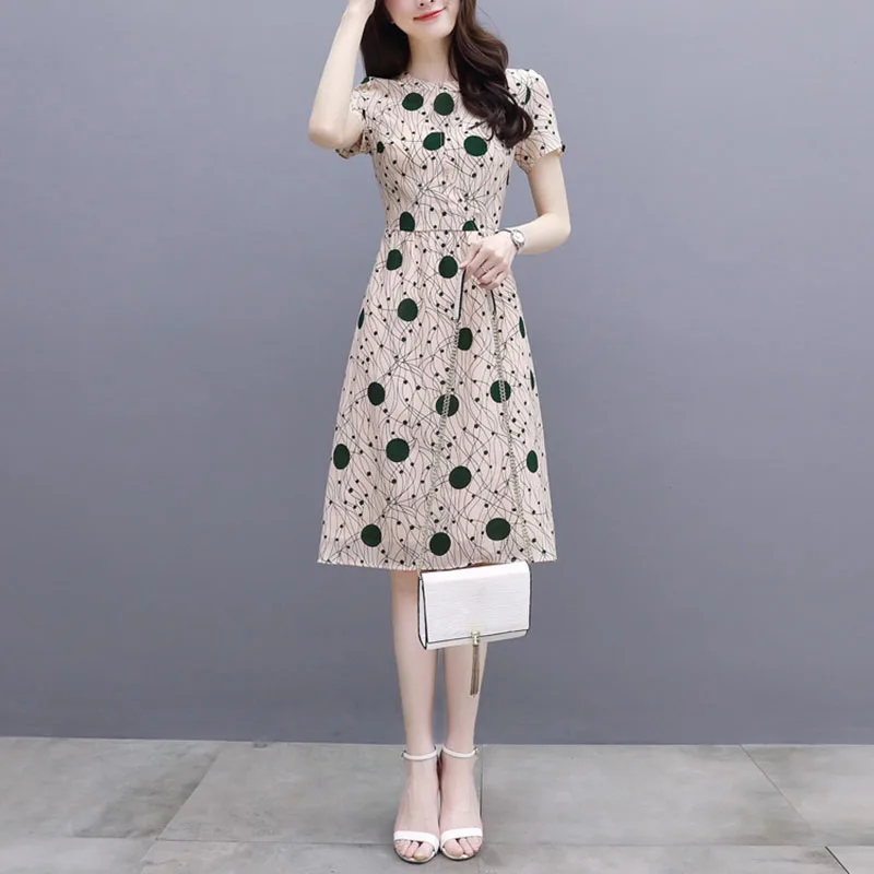 Новый стиль Мода Dot печати тонкий с короткими рукавами и круглым вырезом миди платья трапециевидной формы для женщин Лето Высокая талия