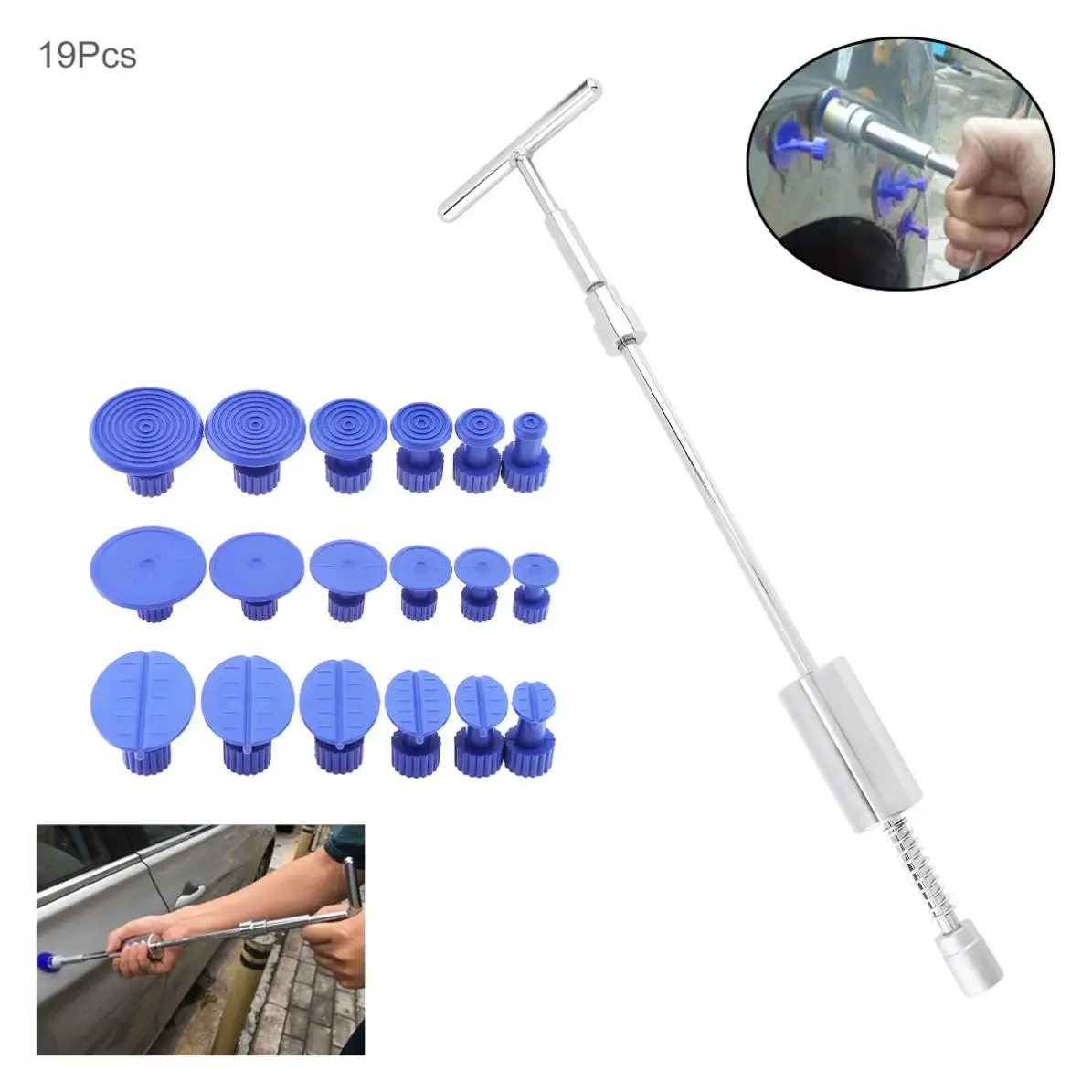 

19pcs Lengthen Steel + Plastic T-type Car Door Body Pulling Paintless Dent Repair Device Removal Tool Kit with 18 Blue Tabs