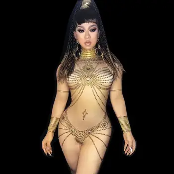 

Golden Sparkling Crystals Jumpsuit High Stretch Leotard Rompers Nightclub Bar Party Performance Costume Singer Stage DJ Bodysuit