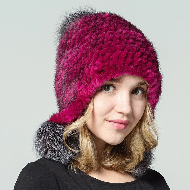 

2017 New Winter Fur Hats For Women Natural Mink Fur Hat With Fox Fur Pompon Ladies Fashion Thick Warm Knitted Beanies Headgear