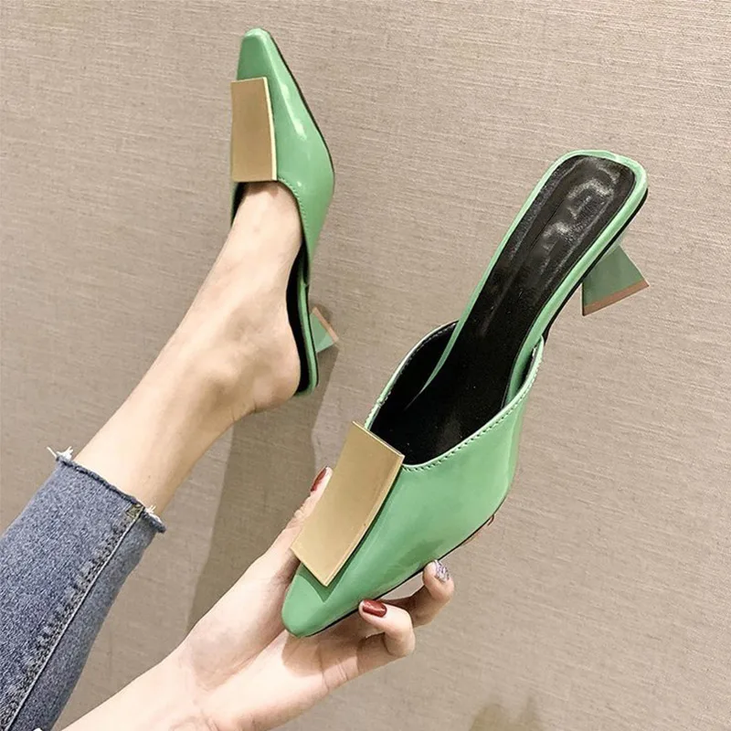 

New Women Pointed Toe Metal Summer Mules Ladies Slip On Spike Middle Heels Pumps PU Solid Female Slides Fashion Casual Shoes