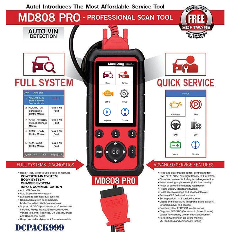 Autel MD808 PRO All System OBD2 Scanner Car Diagnsotic Tool support BMS/Oil Reset/ SRS/EPB/DPF Best Handheld Auto Scanner