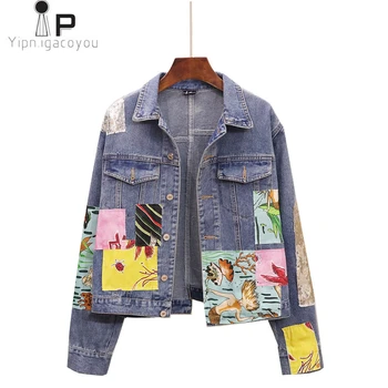 

Vintage Short Women Denim Jacket Autumn Korean Print Sequins Ladies Jean Jacket Student Harajuku Casual Coat Women Streetwear