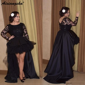 

Black Evening Dresses 2019 High Low Black Prom Dresses Plus Size Lace Ruffles Long Evening Gown De Fiesta Formal Party Dresse