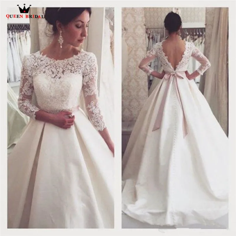 

Ball Gown 3 4 Sleeve Lace Satin Elegant Formal Bridal Gown Wedding Dresses 2018 New Fashion Wedding Gowns Custom Made YB55