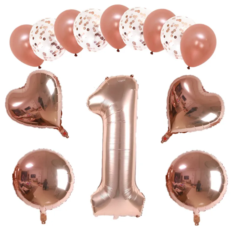 

14pcs/lot Large Size 40inch rose gold Foil Number 1 Balloon with heart round confetti latex balls birthday party Decor Globos