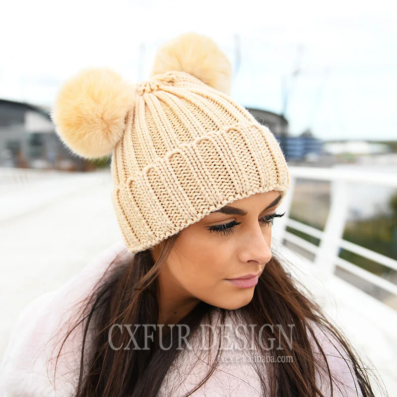 

CX-C-113B Hot Sale Cheap Fashion Knitted Cap Real Raccoon Fur Pom Pom Hat