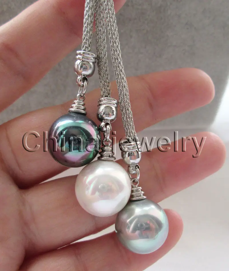 

Free shipping >>>>>>eautiful 24" 3bead 14mm white black gray round sea shell pearl necklace