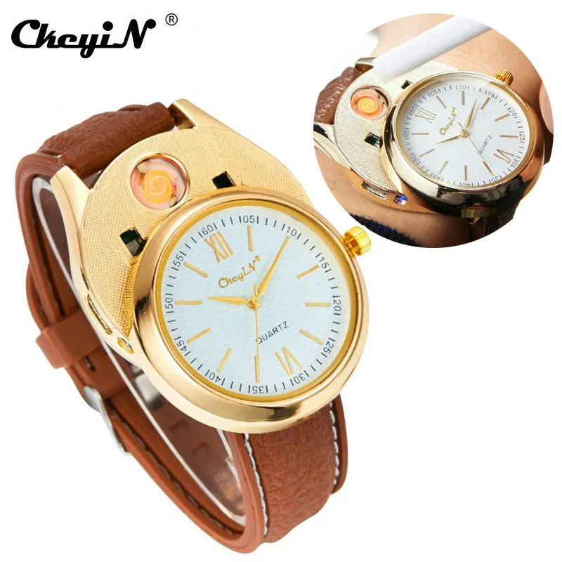 

Creative Men's Watch Cigarette lighter Military Rechargeable USB Electronic Flameless Windproof Rubber mens watches Man Clock 35