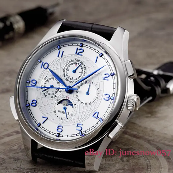 

Parnis watch 44mm White dial Blue hands Moon Phase week and date Multifunction Automatic Self-Wind movement Men's watch P124