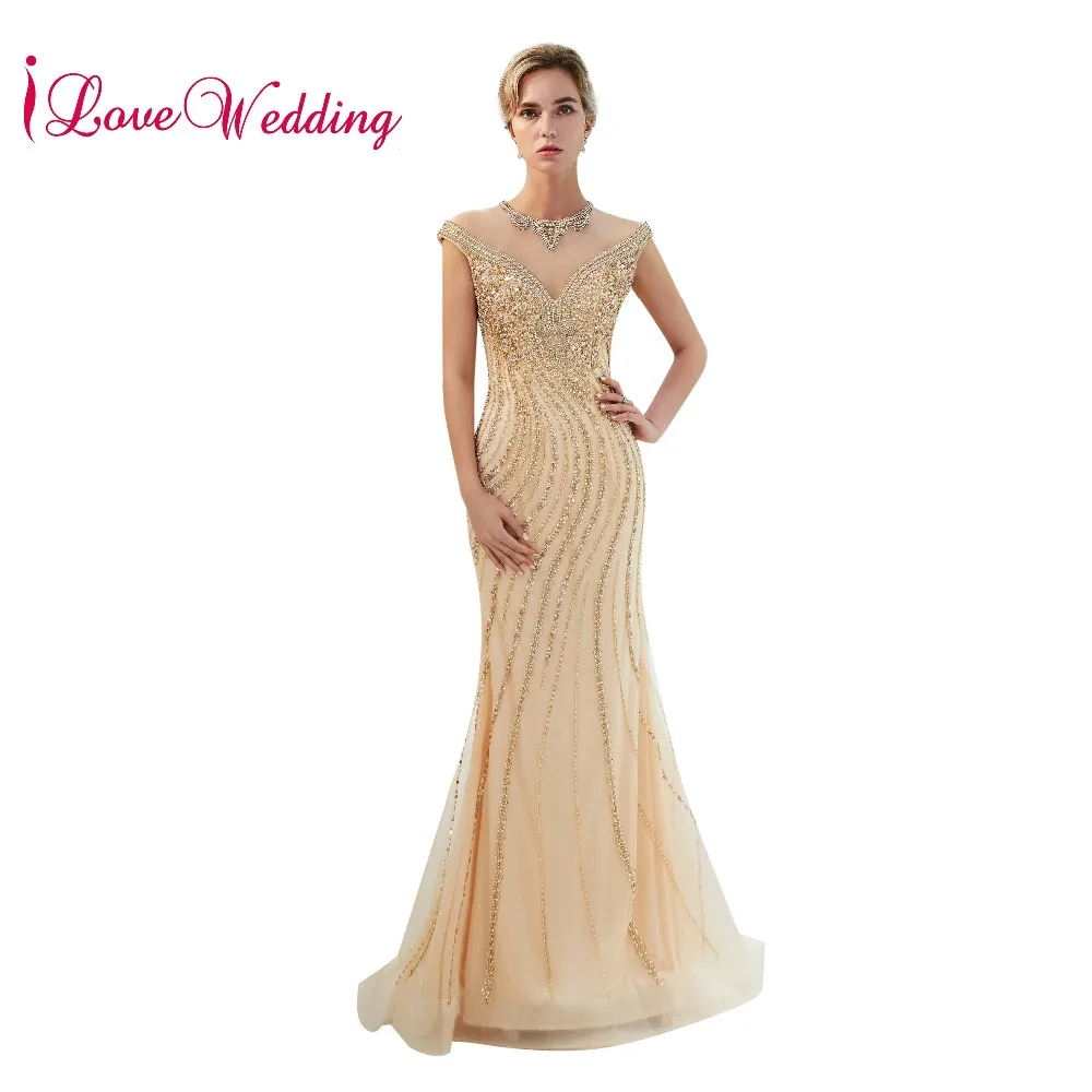 ILoveWedding Роскошный Кристалл Beadings Кепки рукава Sheer шеи сшитое Тюль Русалка Вечерние платья выпускного вечера