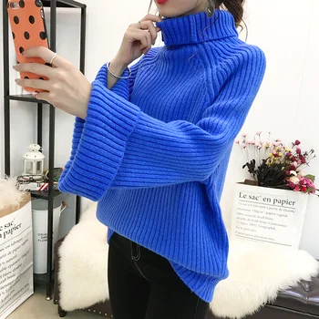 

2019 turtleneck thicken women sweaters solid knitted flare sleeved loose warm lady elegant outwear coat coat tops