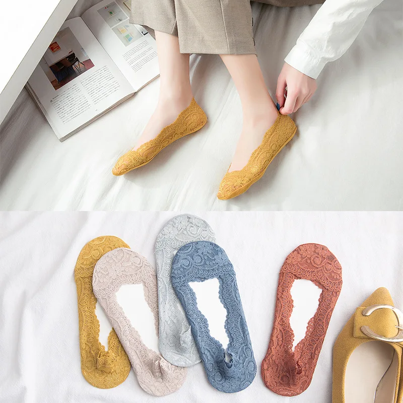 

IOLPR New bright color lace socks women Japanese solid color summer mesh shallow mouth silicone non-slip invisible ankle socks