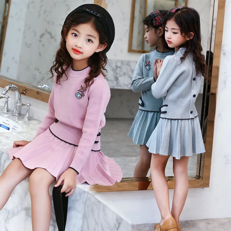 Новинка года, осенняя мода для девочек, Корейская вязаная однотонная шерстяная плиссированная юбка, свитер, комплект для девочек