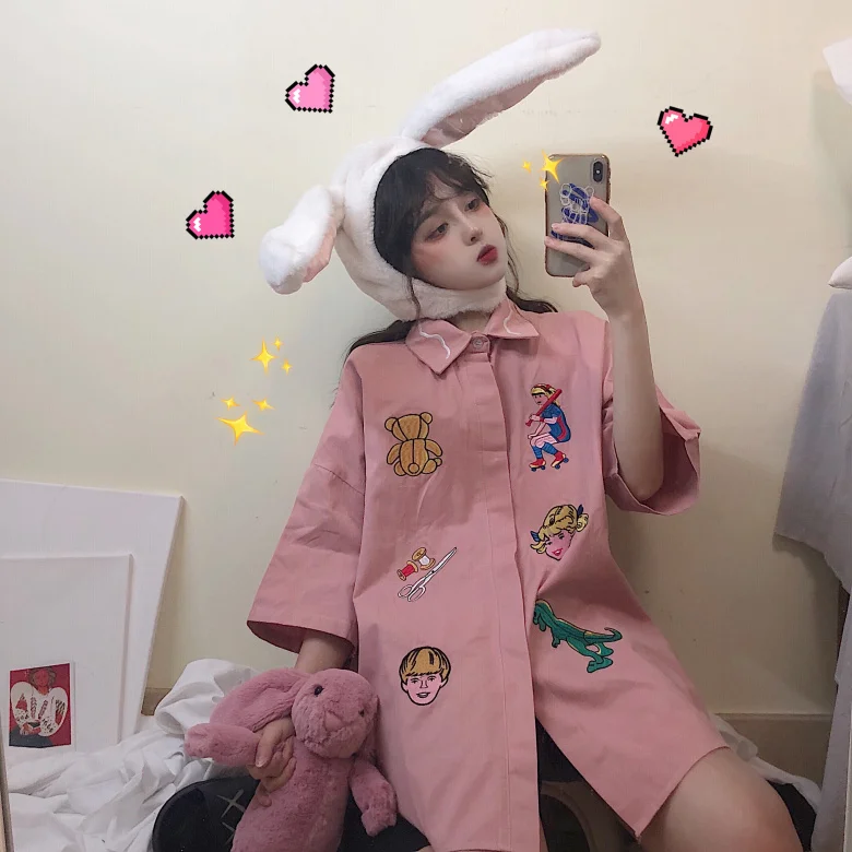

Women's Clothing Kawaii Cartoon Embroidery Striped Turn-down Collar Half Ulzzang Cute Sweet New Summer Blouses Harajuku Shirts