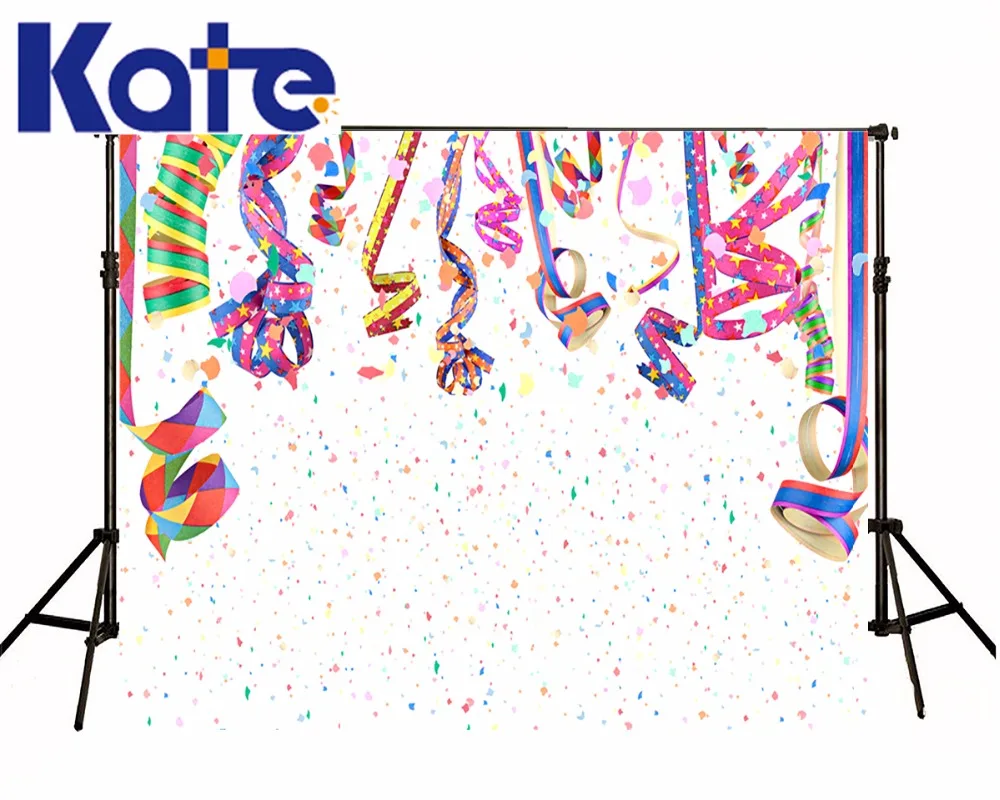 

Kate Custom Made Happy Birthday Theme Background Photo Backdrop White Background Colorful Fireworks Colored Ribbon Backdrop