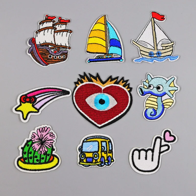

sailboat cactus parches hippocampus Embroidered Iron on Patches for Clothing Stripes Clothes diamond Stickers Custom Badges