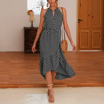 

Boho Women Summer Dress Dot Print Holder Neck Spotted Belt Women Party Midi Dress Beach Dress Summer Dress 2019 Vestidos