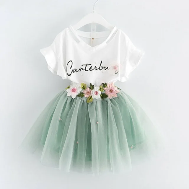fashion 2019 kid girls outfits petal sleeve T-shirt tops white+floral skirt green pink summer children little girl clothing set