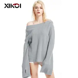 XIKOI большой Размеры Женская одежда мягкие Свитера рубашка плюс длинными расклешенными рукавами твердые вязаный свитер пикантные женские