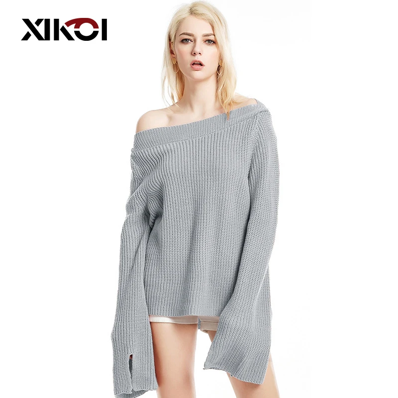 XIKOI Large Size Women's Clothing Soft Sweaters Shirt Plus Long Flare Sleeve Solid Knitted Sweater Ladies Sexy Pullovers Jumpers | Женская