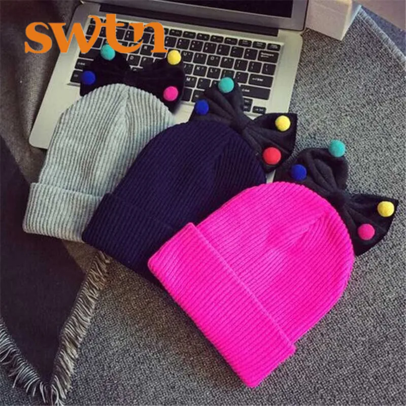 

Cute Girls Winter Hats Lovely Solid knitted Wool Hats Cap for girls kids children lovely colorful Ball Bowknot beaneies hedging
