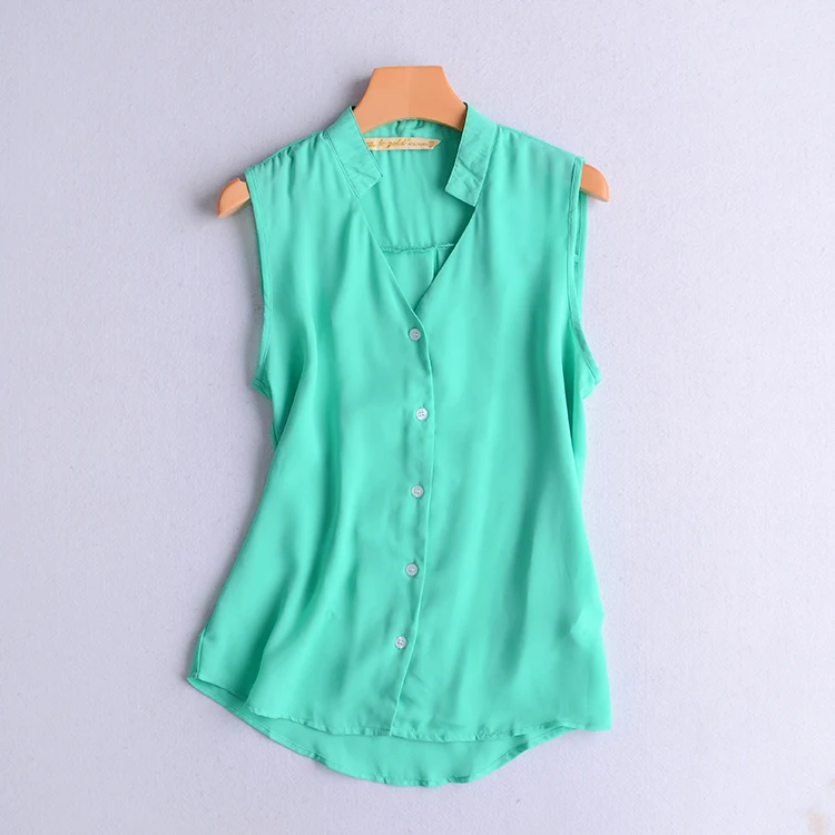 Women Spring Green V neck Sleeveless Blouse Women SEXY Chiffon Shirts