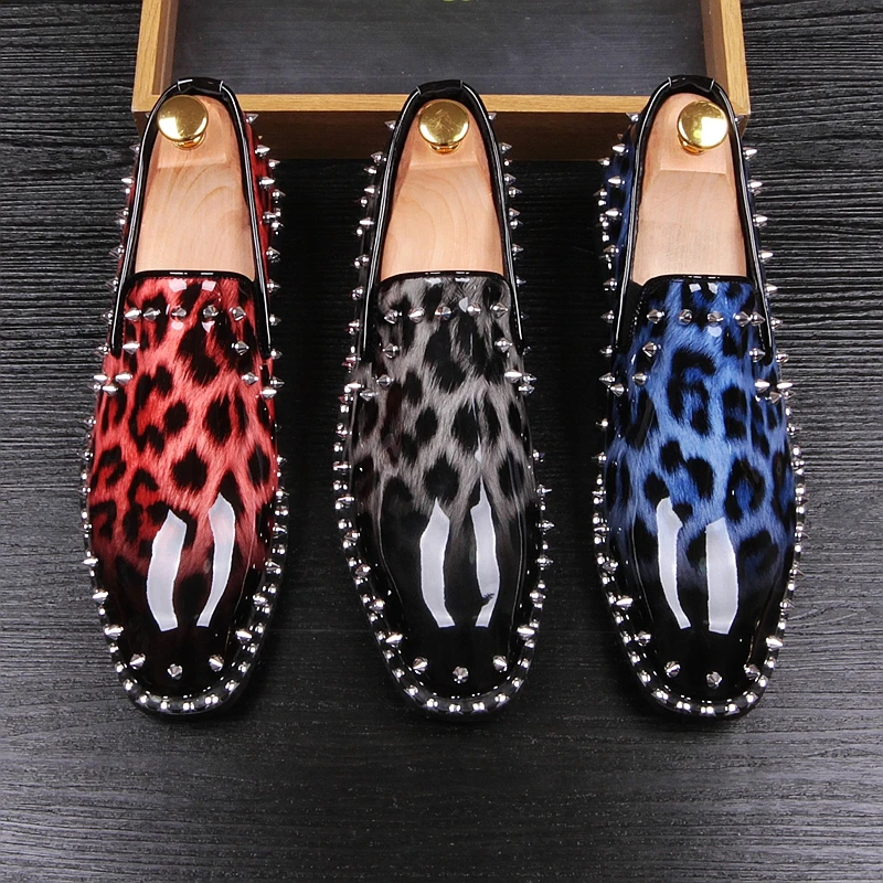Hot sale men leopard print pointed toe oxfords slip on brogues shoes