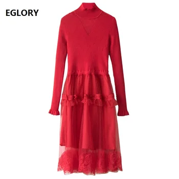 

Top Quality Designer Dress Autumn Winter Style Women Turtleneck Tulle Mesh Patchwork Long Sleeve A-Line Knitted Sweater Dress