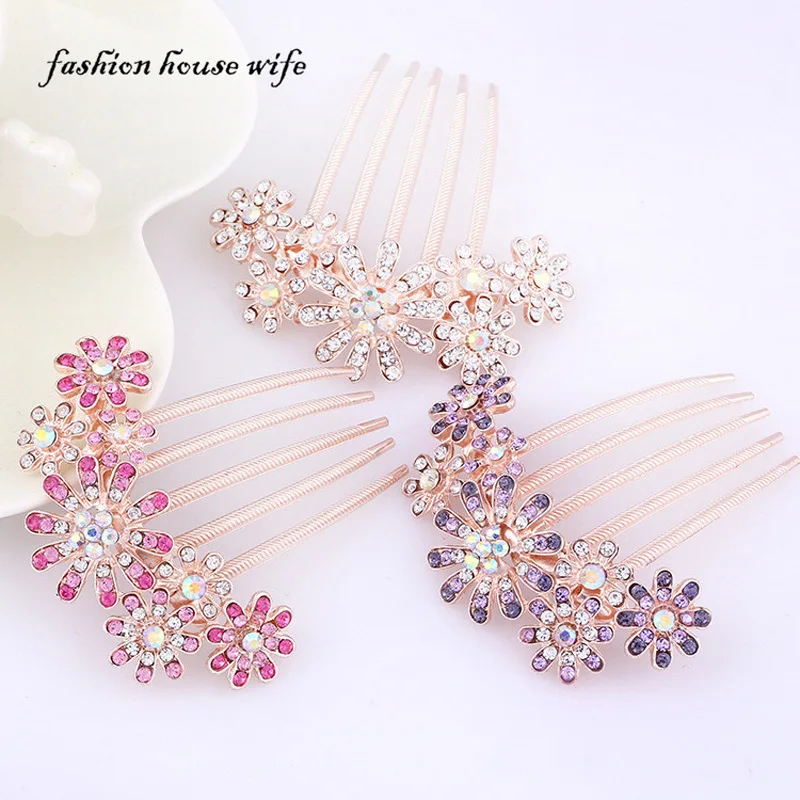 Sun Flower Five Tooth Combs Crystal Rhinestone Hairpin Bride Hair Plate For Women Kids Girl Wedding
