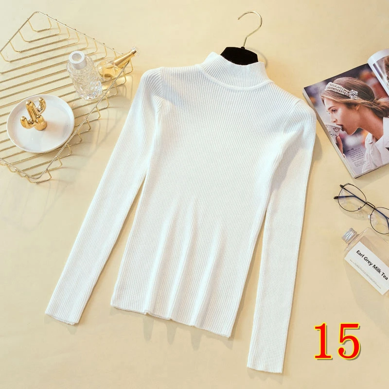 Autumn Winter Women Sweaters Long Sleeve Turtleneck Sweater Knitted Pullovers Warm Solid Pull White Slim Elastic Casual Top