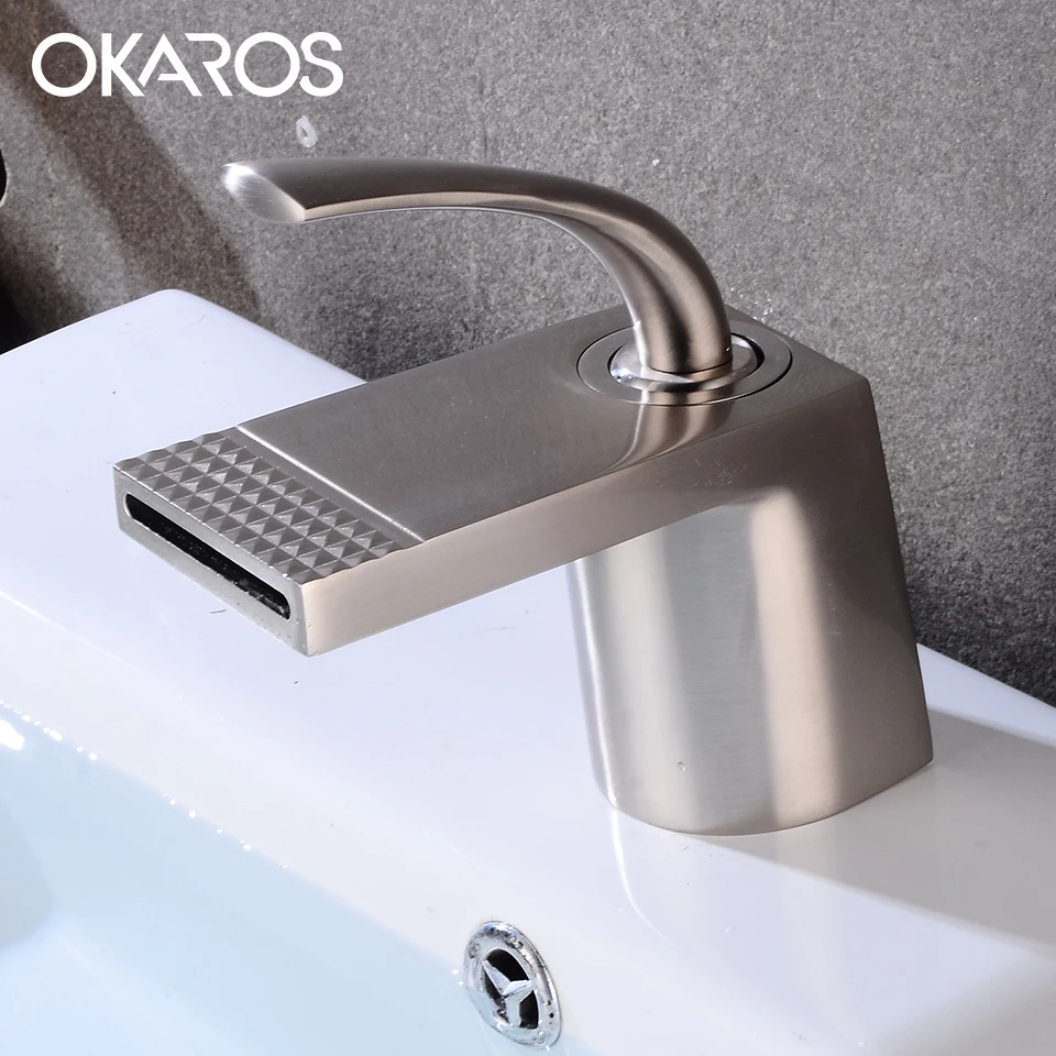 

OKAROS Waterfall Bathroom Basin Faucet Nickel Brushed Washroom Water Tap Single Handle Basin Sink Mixer Crane M070-N
