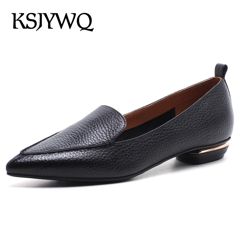 

KSJYWQ 2018 New Women's Low Heel Pumps Genuine Leather Solid Shoes Slip-on Summer Dress Shoe 2 CM Chunky Heels Box Packing D202