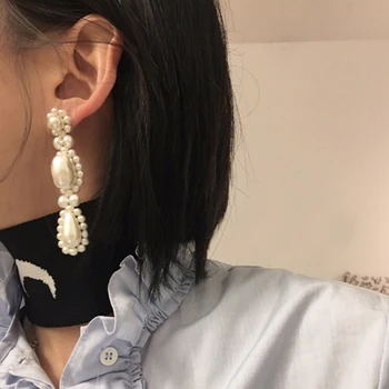 

AENSOA Sweet Elegant Long Pearl Handmade Flower Drop Earrings Korean Imitation Earrings for Women Girl Brincos 2019 Jewelry Gift