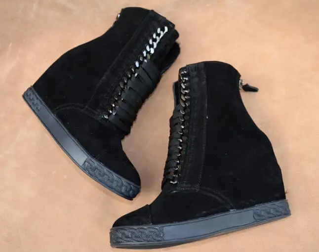 Fashion Black/navy blue suede wedge boots 8CM wedge heel height increasing metal chains lace up women ankle boots