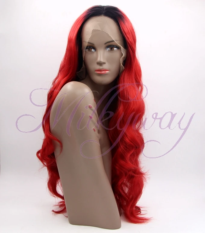 

Free shipping heat resistant body wave black to red synthetic lace front wig ombre two tone dazzle red wigs