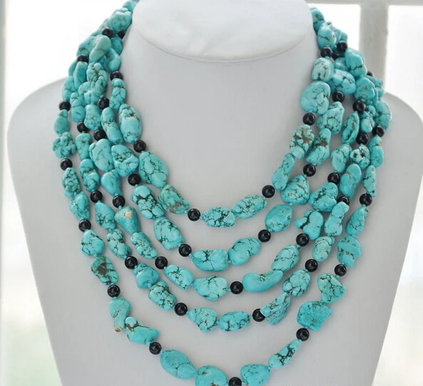 

FREE SHIPPING>>>@@ > N2810 long 15mm original blue turquoise black agate bead necklace 100inch
