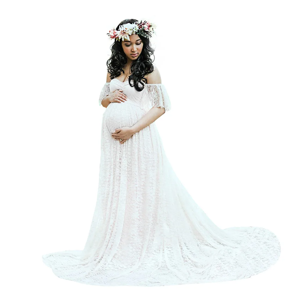 

LONSANT Maternity dress Women Solid white Lace Short Sleeve dress Photography Fly Sleeves Off Shoulder elegant Long Dress