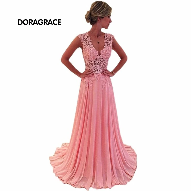 

robe de soiree Glamorous V Neck Side Zipper Floor-Length A Line Applique Chiffon Long Evening Dresses DGE031