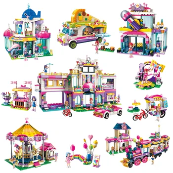

Colourful holiday amusement park block ktv Merry-go-round Sea Paradise Villa Hotel Aquarium brick girl friends club figures toy