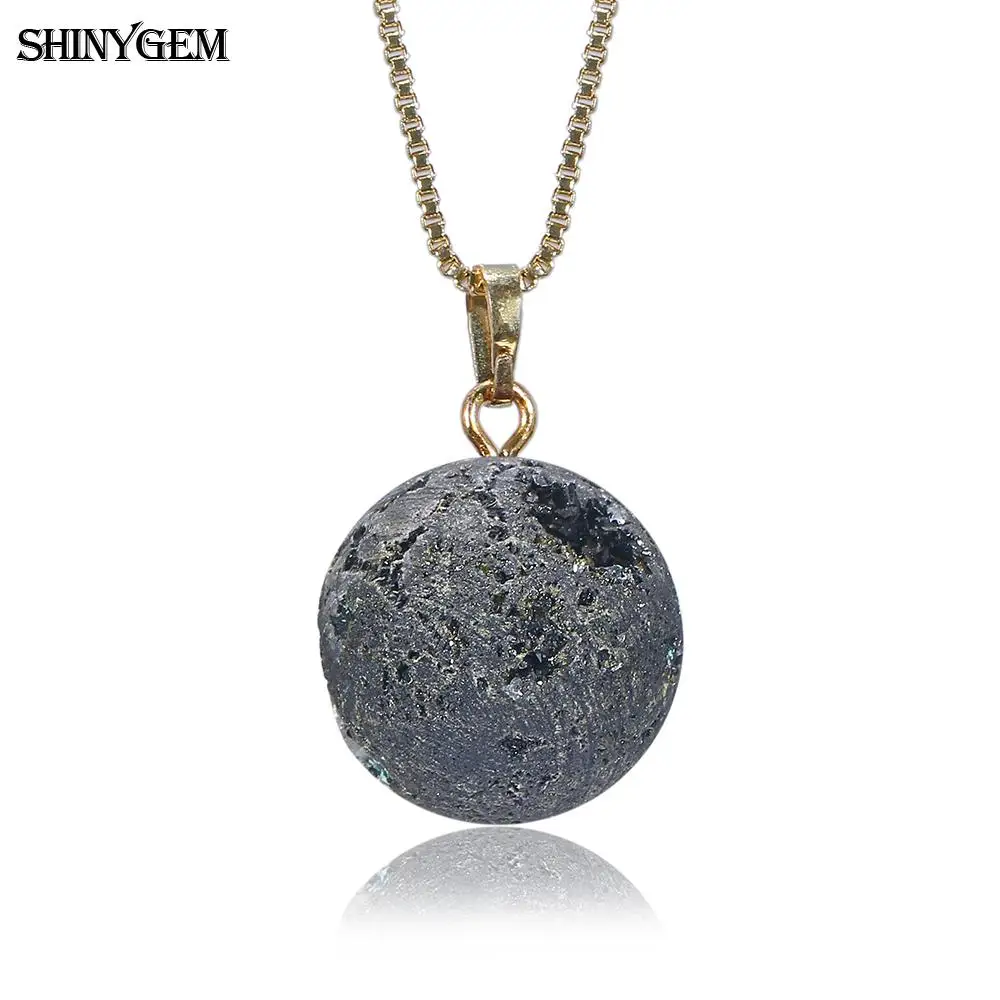 ShinyGem минеральный кристалл шар ожерелья Золото и серебро натуральный Друза камень ожерелья Луна планета, шар кулон ожерелья для женщин