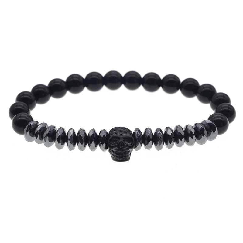 2017 fashion Black natural stone crystal beads bracelet skull 8mm bead