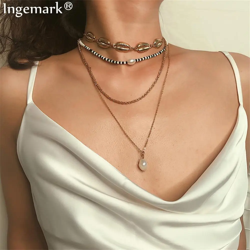 

Ingemark Bohemian Black Beads Choker Necklaces Imitation Pearls Pendant Fashion Golden Full Shell Chain Necklace Women Jewelry