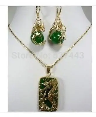 

Hot sale@> Wholesale Charming Jewelry set! Green jade Dragon Pendant necklace earring Natural jewelry