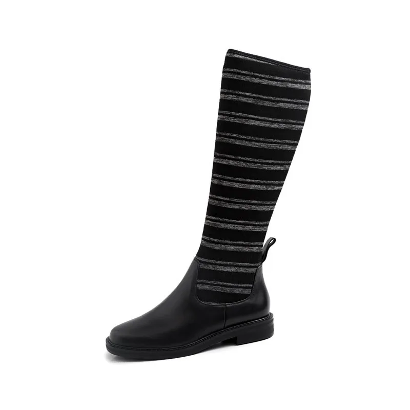 

RYVBA women knee high stretch winter thigh high boots womens genuine leather boots 2019 round toe shoes for girls woman black